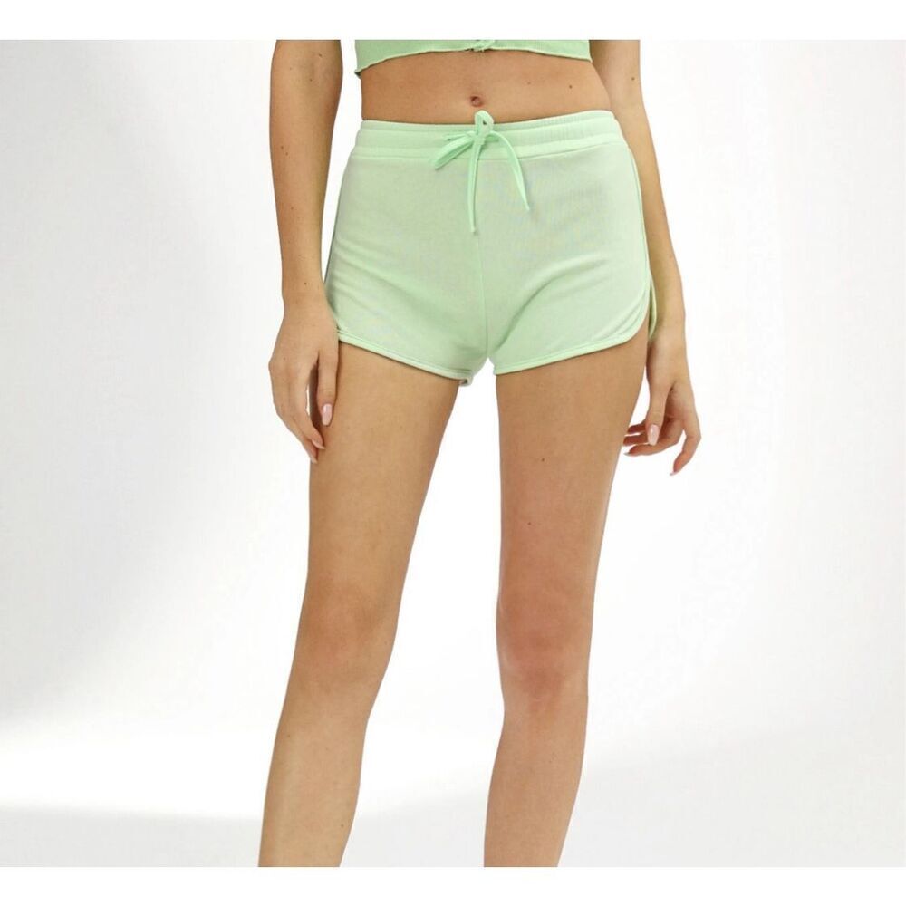 70s inspired drawstring sporty pull on short shorts Pastel Lime Green XS cider